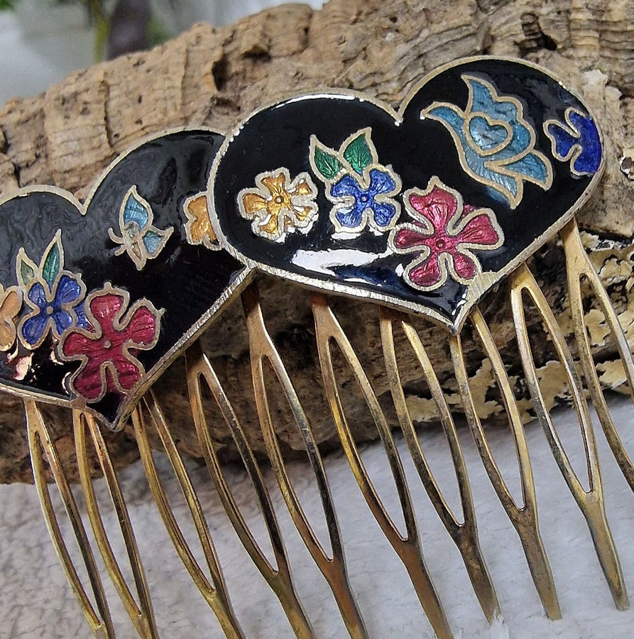 Vintage Cloisonne Enamel Hair Comb Heart Butter.. | Köp på  display picture 2