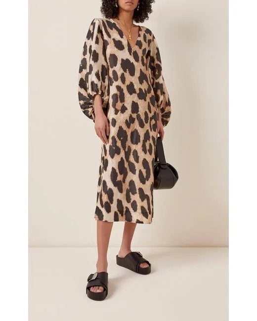 ganni leopard dress silk linen Ganni Silk-Linen Leopard-Print Wrap Dress