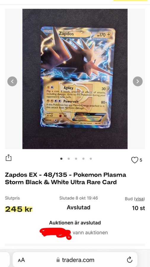 Card Zapdos-EX 48/135 da coleção Plasma Storm