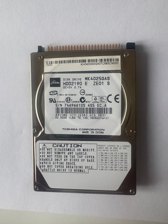Disco Rigido Toshiba MK4025GAS 40GB IDE 4200 Rpm – Per Notebook, Aperto Ma Mai Usato!