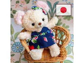 Sällsynt japansk Girly Bear Sega-plysch i Okinawan-outfit 18 cm