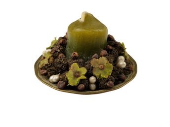 Small Decorative Candle with Metal Base and Floral Accents