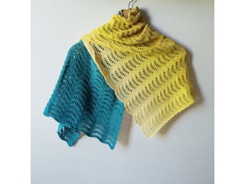 Ombré Blå Gul Virkad Sjal Wrap Scarf Retro 60tal 70tal Hippie Boho