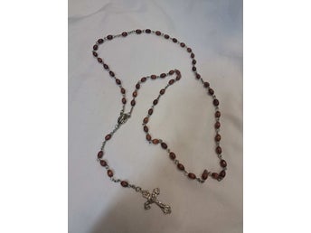 Vintage Rosary Religiöst radband med Jesus Kristus - Wood Beads in silver metal