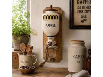 Antik väggmonterad kaffekvarn H.T. Armin Tyskland 1930–40-tal – porslinsbehållar