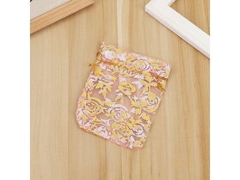 Organza / smycke påse rosa med guld rosor ca 9x7cm, 5-pack