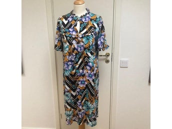1970's Vintage Ladies Handmade Blue & Orange Tone Floral Print Dress Size EU 40
