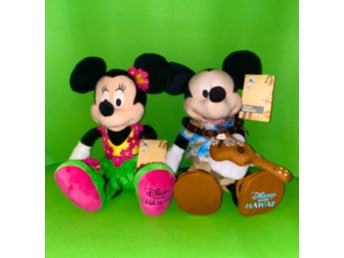 2 STORA Disney Store Hawaii Mickey och Minnie Mouse Plyschdockor Musse Mimmi