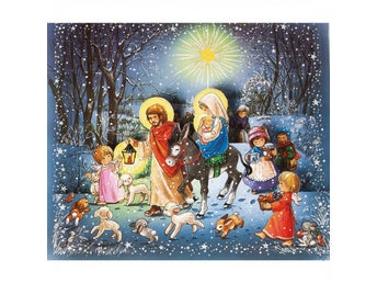 Adventskalender Den heliga familjen 3D 30x26 cm – glitter & 24 luckor