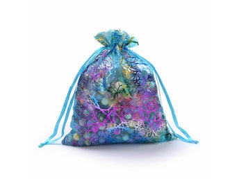 Organza / smycke påse turkos med mönster ca12x9, 5-pack