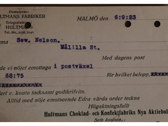 Brevkort till lanthandlare i Småland Hultmans Choklad & Konfekt Malmö 6 sep 1923
