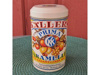 Plåtburk: Käller's Prima Karameller i retro-stil, reklam Svenska Petroelum