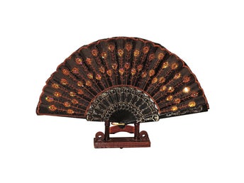 Solfjäder - Paljetter - Orange - Påfågel med plastbas