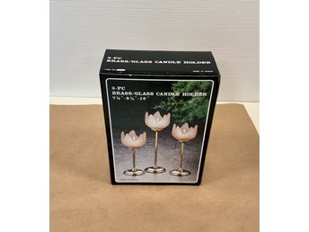 Vintage ljusstakar, tulpan, frostat glas o mässing, oanvända i original kartong