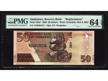 2020 Zimbabwe, Reserve Bank, 50 Dollars, REPLACEMENT, Pick-105a*, PMG 64 UNC