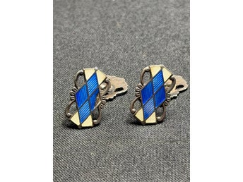Norska Mandskaps-Manschettknappar 925S Silver Emalj Blå Vit Norne Guilloche