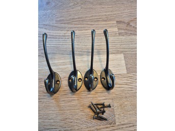 4 st dubbelkrokar 10 cm antikfärgad metall – oanvända