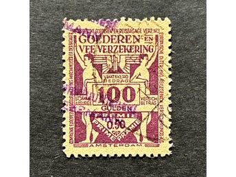Nederländerna - mycket fint skattemärke ’försäkring 100 gulden’ 1930-40 talet
