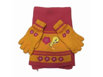 Tweety Looney Tunes stickad garn halsduk & vantar rosa