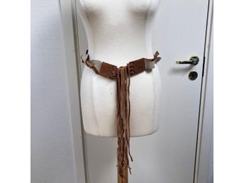 Vintage suede leather weave brown & beige self tie fringe belt