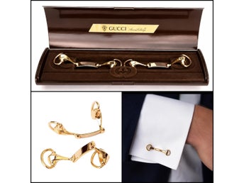 Authentic Vintage 80s Gucci Parfums Equestrian Stirrup Cufflinks Gold w Box Rare