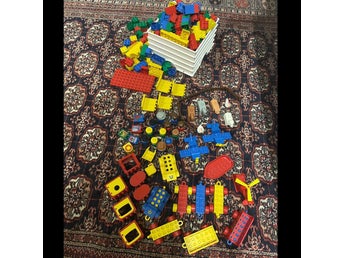 Retro Lego Duplo figurer klossar + Låda djur bilar båt helikopter 90-tal 80-tal
