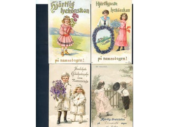 7 dekorativa Namsdagskort med barnmotiv 1904-1910tal