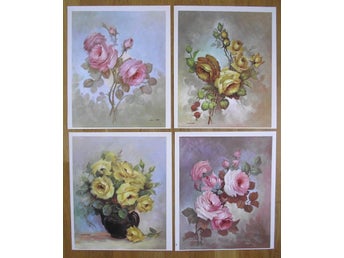 KONST-4 st äldre,tryckta blomster-planscher, 1 dubbelsidig (5 motiv)att RAMA IN