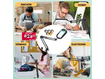 NY Förstoringslampa med klämma och justerbar arm • 12x förstoring • 5-färgs LED