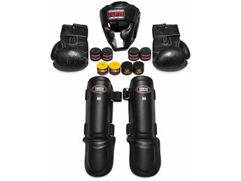 Fighter boxningspaket – handskar 14 oz, hjälm stl M, benskydd stl M + lindor