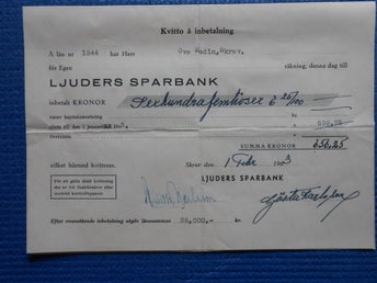 Kvitto å Ljuders sparbank 1963