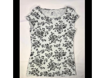H&M Blommig Topp Strl L – Vit/Grå Mönstrad T-shirt Pima Bomull