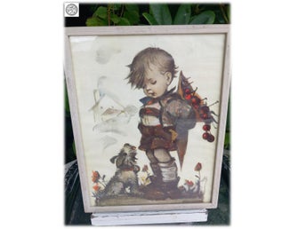 B Hummel barntavla vackert motiv barn med hund inramad inglasad 50-70 tal