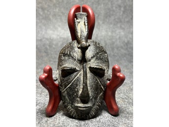 Vintage African bronze mask with bird handmade Burkina Faso