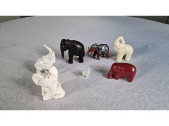 Vintage parti av 7 elefantfigurer i olika material och storlekar