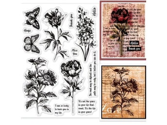 1 förpackning Clearstamps i silikon med Blommor och Fjärilar! Text. Stämpel.