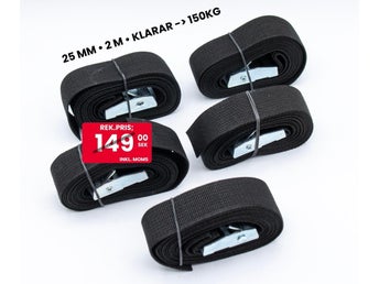 NYTT 5-pack starka fästremmar med metallspänne / 25 mm / 2 m / Klarar -> 150kg