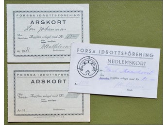 BILJETTER. Forsa Idrottsförening, 3 st medlemskort 1931/32