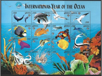 Ghana 1998 Havets år UNESCO fiskar fåglar delfiner mm 16v i ark