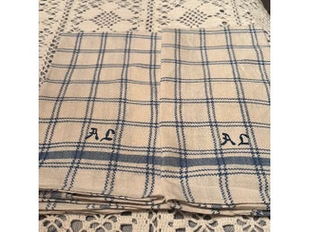 2 Rutiga kökshanddukar med monogram i linne