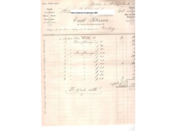 Trikåfabrik Emil Pettersson, Stockholm Faktura daterad 14/9 1893 till lanthandel