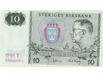 Unik sedel från 1968, ovikt, kvalitet 10-, serienr 000001,samt snedcentrerad