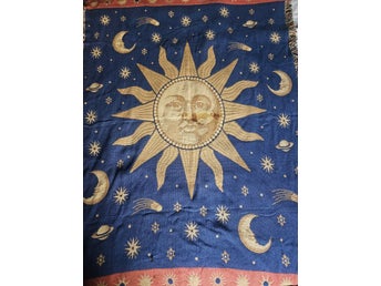 Pläd 90-tal whimsical goth celestial sol, måne, stjärnor och planeter vintage