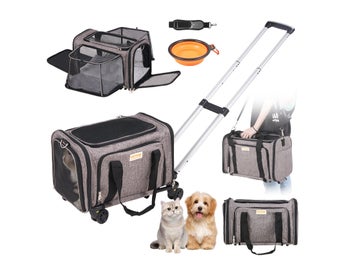 Cat Carrier with Wheels, Airline Approved Rolling Pet Carrier with Telescopic