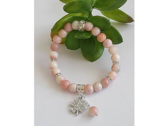 Armband Ljus ROSA melerad JADE Natursten FYR-LYCKOKLÖVER Berlock Elastiskt
