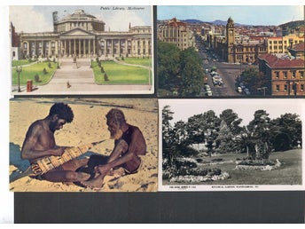 Australien 7vykort 1908-1960tal Bergbana Aboriginer Utställningskort-1908