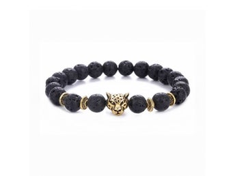 Handgjort Armband Svart Lavasten och Guld Leopard Huvud