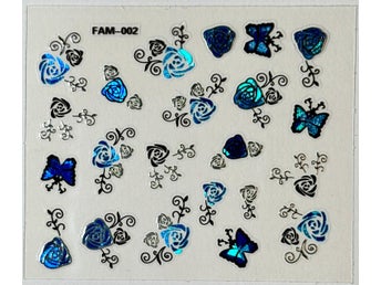 Nail art stickers blå & silver metallic rosor fjärilar holografiskt mönster Y2K
