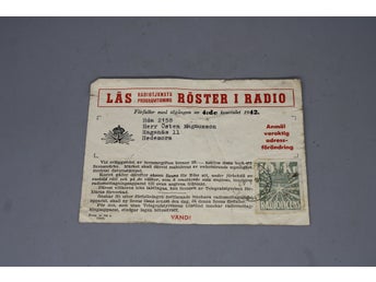 Röster i radion avi 1942 , Radiolicens Hedemora Frimärke 10kr
