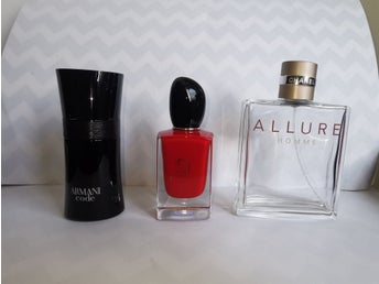 3 tomma parfym flaskor Chanel och Giorgio Armani